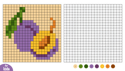 Plum fruit pixel color by number page for kids. Educational activity for preschool and kindergarten children to learn numbers and colors. Square grid design