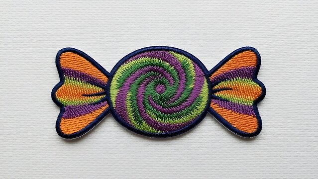Vibrant candy embroidered patch featuring a colorful spiral swirl and striped wrapper