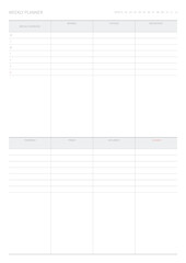 A weekly plan design template in a modern, simple, and minimalist style. Note, scheduler, diary, calendar, planner document template illustration.