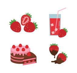 Set of strawberry-themed icons including fresh whole strawberries, a glass of juice, a strawberry chocolate cake, and chocolate-dipped berries. Vibrant vector art for menus and food branding.