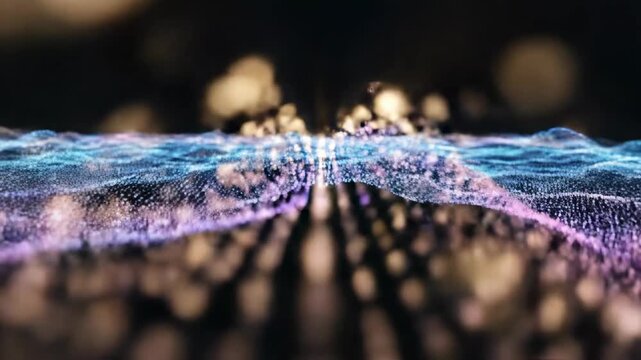 Abstract digital particle waves flowing across a black background creating an undulating three dimensional grid visualization of data streams and energy visualization, streams, graphic
