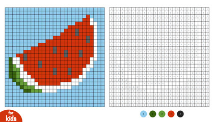 Watermelon slice pixel color by number page for kids. Educational activity for preschool and kindergarten children to learn numbers and colors. Square grid design with summer fruit