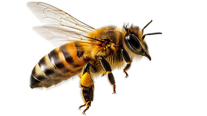 A close-up photo of a honeybee in mid-air on a white background