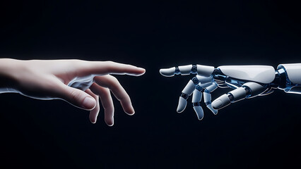 A human hand and a robotic hand almost touching in a dark space