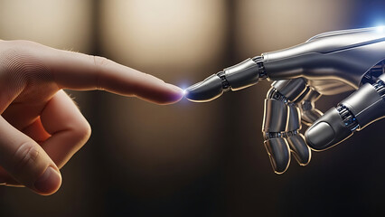 A human and robotic hand touching fingers with a bright light