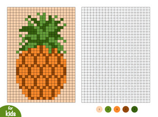 Pineapple fruit pixel color by number page for kids. Educational activity for preschool and kindergarten children to learn numbers and colors. Square grid design