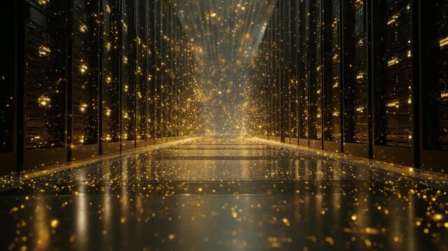 Digital Data Highway: A futuristic, symmetrical server room glows with the ethereal light of digital information. The image evokes a sense of advanced technology.