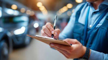 Auto check-up car service shop concept, mechanic writing job checklist clipboard, estimate repair quotation to client, workshop garage visualization, automotive maintenance represe