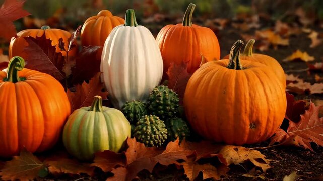 Harvest display with pumpkins and gourds surrounded by autumn leaves in a forest setting during the fall season