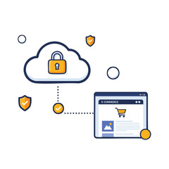 Flat design illustration of a secure cloud storage icon with a padlock and shield symbols connected to an e-commerce website on a computer screen with a white background.