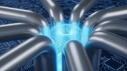Futuristic Quantum Computing Core with Glowing Blue Data Stream Vortex and Metallic Conduit Pipes Connection Concept