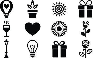 Fototapeta premium Cartoon icon set with heart, rose, gift, sun, lamp, balloon, and symbolic silhouettes for lifestyle and romantic themes.