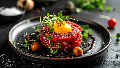 Raw Beef Tartare with Egg Yolk Garnish.