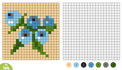 Blueberries pixel color by number page for kids. Educational activity for preschool and kindergarten children to learn numbers and colors. Simple square grid design with summer forest berries