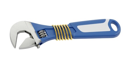 A blue-handled adjustable wrench with a silver metal jaw and yellow grip details