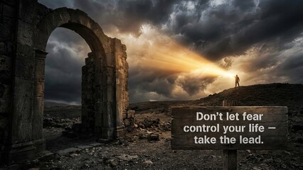 Ancient ruins bathed in dramatic light as storm clouds gather, signifying hope amidst despair.