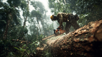 Logging activity in the forest shows workers cutting large tree trunks with chainsaws.