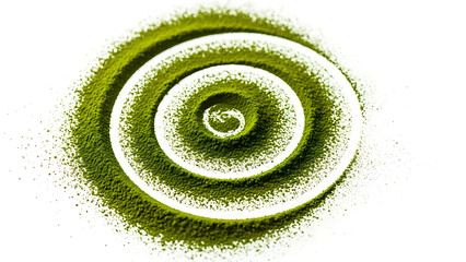 Artistic Concentric Circles Pattern in Vibrant Green Matcha Powder. Zen Inspired Spiral Design Symbolizing Energy and Harmony for Organic Green Tea Branding and Superfood Wellness Concepts.