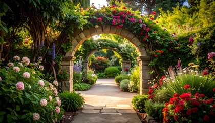 Serene Garden Pathway with Floral Arches.