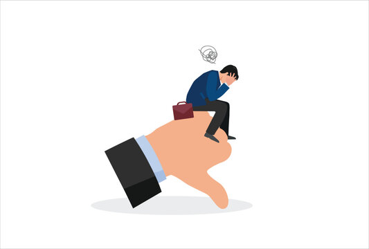 icon work Demotivation from failure, mistake or negative feedback, no passion or burnout from exhausted work, mental breakdown or depression concept, sad stressed businessman sit on negative thumb dow