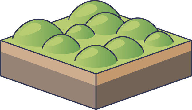 Isometric illustration of earth hummocks, showing grassy mounds and soil layers. It represents periglacial landforms and frost heave processes in cold climate geomorphology.