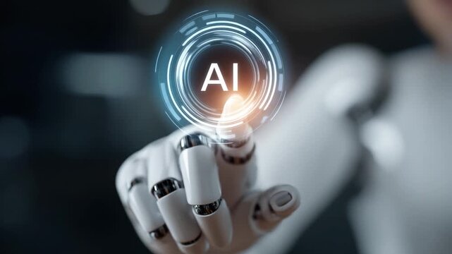 AI Touch: An advanced, futuristic robot hand gently interacts with a glowing AI interface, symbolizing the seamless integration of artificial intelligence and technology.