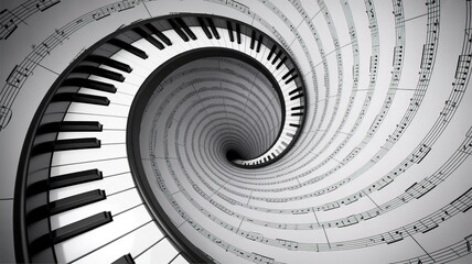 Infinite spiral of piano keys and musical notes creating a mesmerizing vortex of sound and creativity.