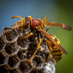 A close-up view of a large insect with yellow and brown stripes on a honeycomb-like structure, captured outdoors