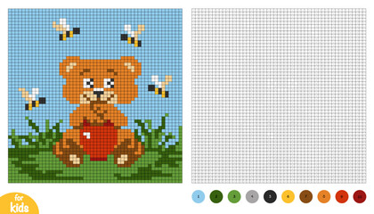 Cute cartoon bear with pot of honey and bees around pixel color by number page for kids. Education activity for preschool children to learn numbers and colors. Square grid design with character