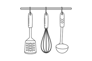 Kitchen utensils hanging on rack vector illustration outline set of cooking gear