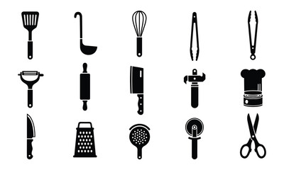 Black kitchen utensils icons set vector collection of professional cooking gear