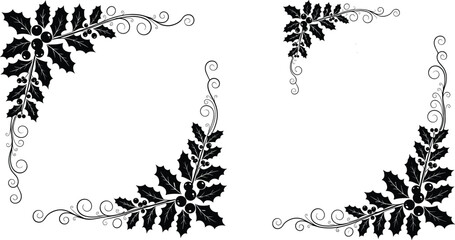Holly corner silhouette, festive decoration, swirling vines, berry cluster, Christmas ornament, elegant design, vector art, holiday embellishment, black graphic © Faruk Here