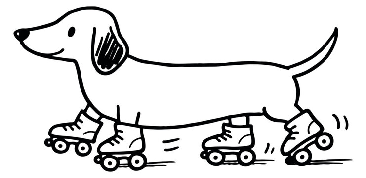 Hand drawn illustration of a dachshund depicting roller skating for fun and activity