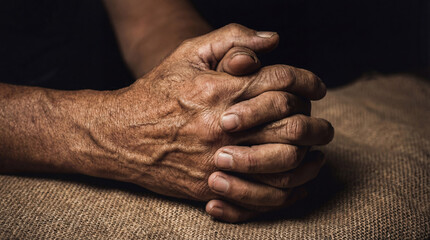 Close up of elderly wrinkled hands clasped in prayer on sackcloth. Religious concept of faith, penance and humility during Lent season.