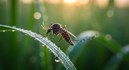 Detailed mosquito perched on grass blade with dew drops at dawn