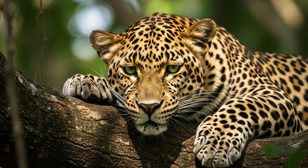Majestic jaguar resting on a tree trunk in a tropical rainforest