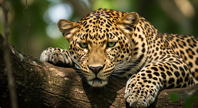 Majestic jaguar resting on a tree trunk in a tropical rainforest