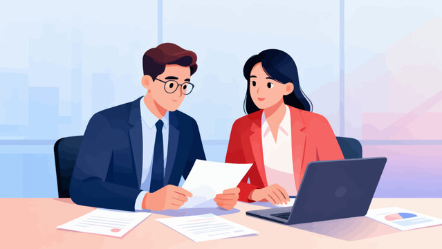 A man and a woman are sitting at a desk with a laptop and papers. The man is wearing a suit and tie, and the woman is wearing a red jacket. They are looking at papers and discussing something