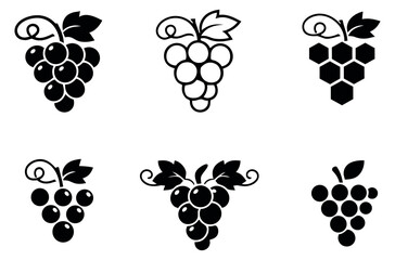Naklejka premium Stylized grape icons set featuring various grape clusters with leaves and tendrils for food and beverage designs