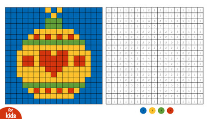 Christmas tree ball pixel color by number page for kids. Educational activity for preschool and kindergarten children to learn numbers and colors. Square grid design with winter object