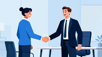 Fototapeta premium A man and a woman shake hands in a business setting. The man is wearing a suit and tie, and the woman is wearing a blue shirt. Concept of professionalism and formality