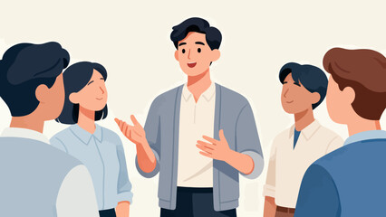 Obraz premium A man is standing in front of a group of people, smiling and talking to them. Scene is friendly and positive