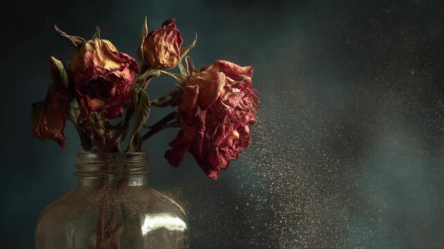 Nostalgic still life with dead, dried rose flower bouquet in glass vase. Dark, melancholy scene of beautiful decay, withered petals evoking forgotten beauty and passing time