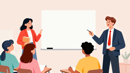 Fototapeta premium A group of people are in a classroom with a white board. A man is standing in front of the board and pointing to it. The woman in the red jacket is holding a book