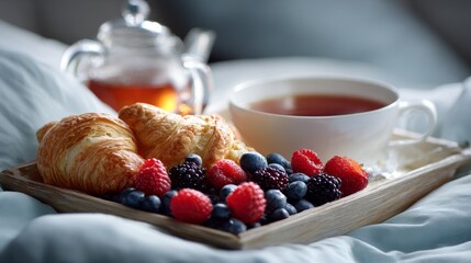 A wooden tray presents breakfast in bed croissants, berries, a teacup, and a glass teapot, all resting on soft bedding