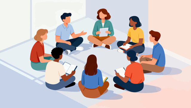 A group of people sitting in a circle and reading books. Scene is one of learning and collaboration