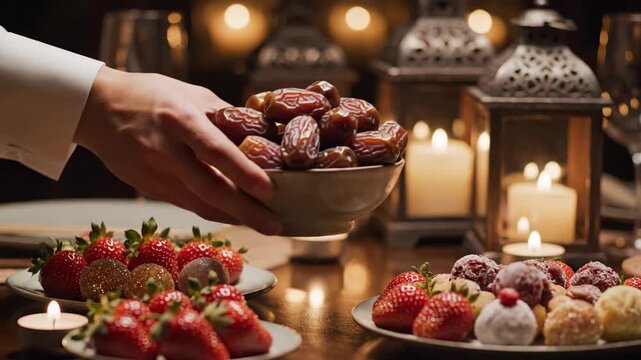 Ramadan Feast - Dates, Strawberries, and Candles on a Table.