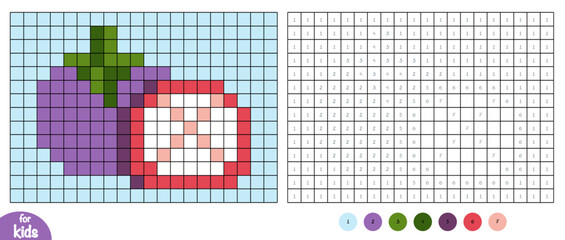 Mangosteen fruit pixel color by number page for kids. Educational activity for preschool and kindergarten children to learn numbers and colors. Square grid design