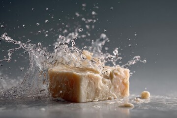 A soap bar sits on a grey background as water splashes around it. Bright light highlights the soap and droplets in a simple, clear scene