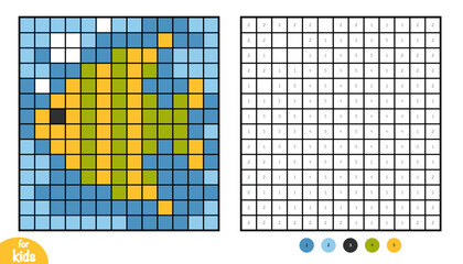 Cute tropical fish pixel color by number page for kids. Educational activity for preschool and kindergarten children to learn numbers and colors. Square grid design about sea animals